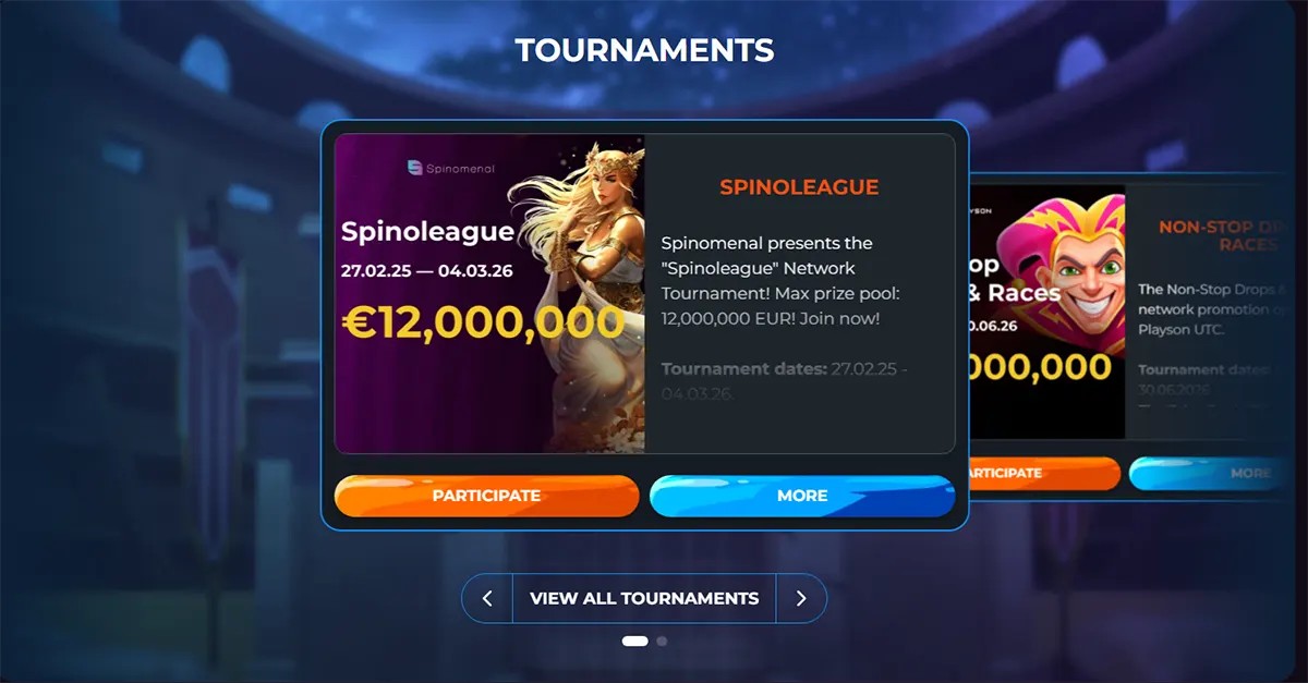 Tournament banner featuring the Spinoleague event with a €12,000,000 prize pool, fantasy queen artwork, event dates, and participate and more buttons.