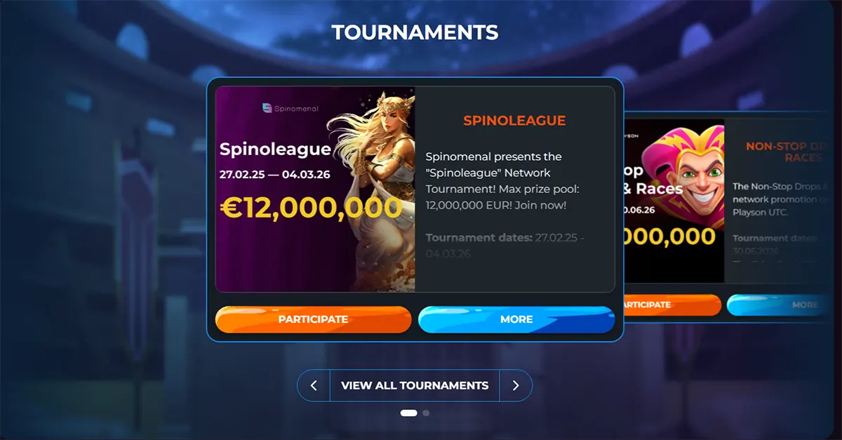 Tournament banner featuring the Spinoleague event with a €12,000,000 prize pool, fantasy queen artwork, event dates, and participate and more buttons.