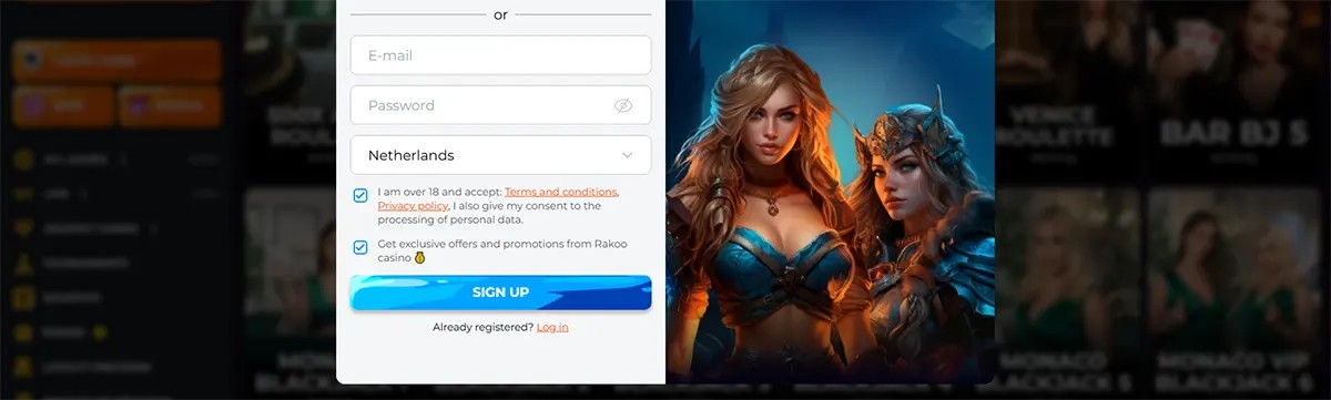It’s a casino sign-up screen with a form for email, password, and country (Netherlands), age and terms checkboxes, and a “Sign Up” button. On the right, there’s fantasy artwork of two armored female characters used as promotional casino imagery.