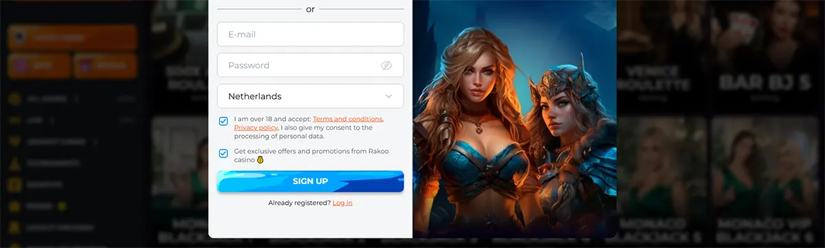 It’s a casino sign-up screen with a form for email, password, and country (Netherlands), age and terms checkboxes, and a “Sign Up” button. On the right, there’s fantasy artwork of two armored female characters used as promotional casino imagery.